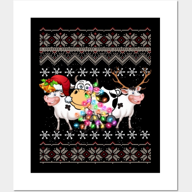 Funny Christmas Three Cow Farm Cute Gift Love Lights Santa Hat Wall Art by thuden1738